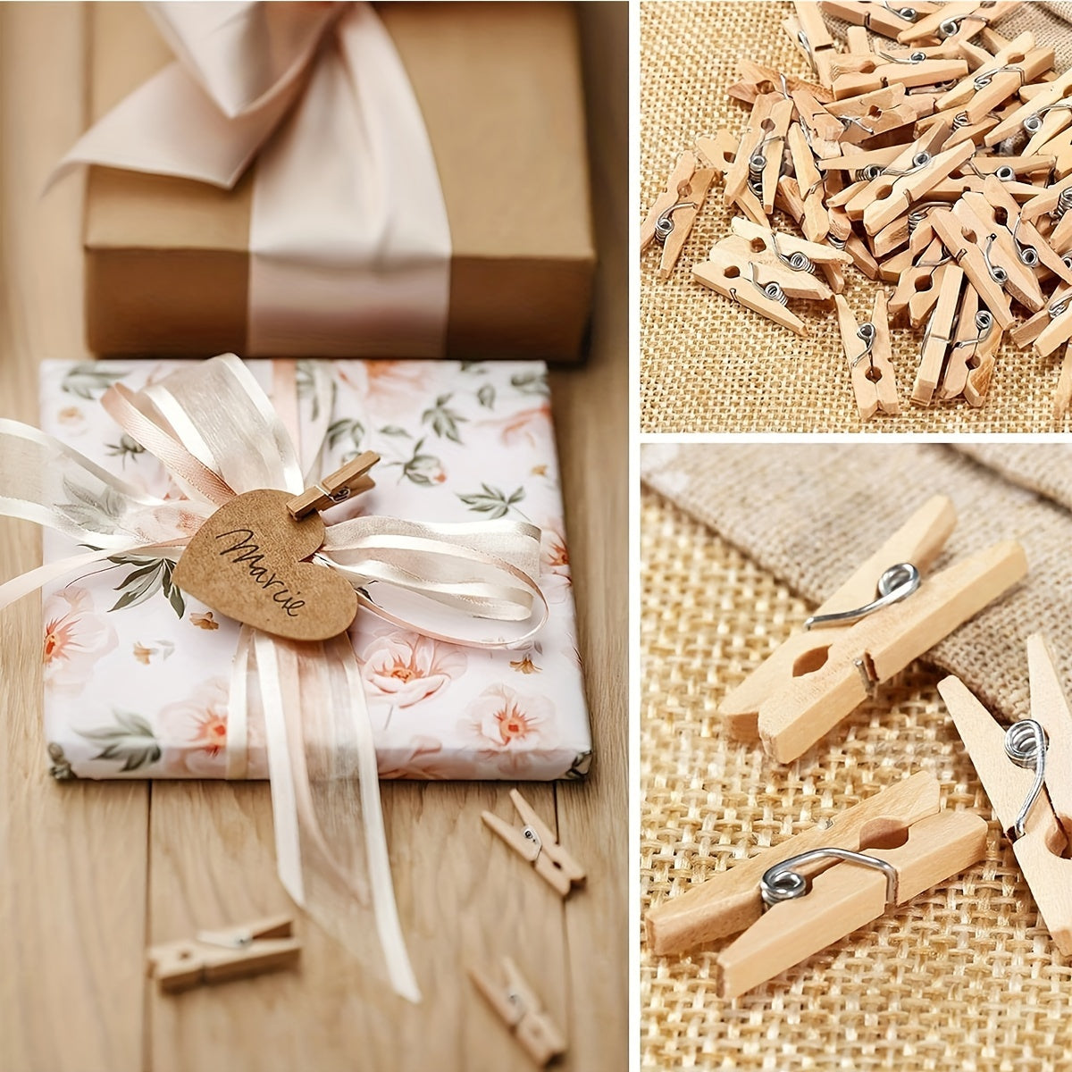 100 miniature wooden clothes pins for photos, crafts, arts, and cocktails.