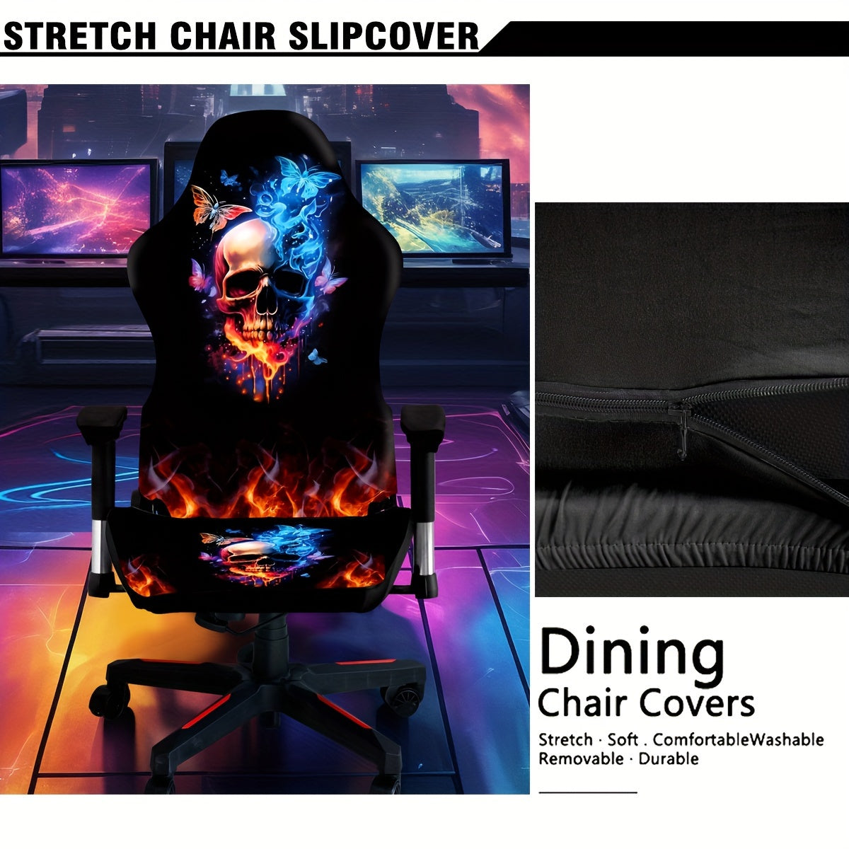 Stretchable and washable gaming chair cover with eclectic skull design, made of premium milk fiber fabric. The one-piece slipcover boasts high elasticity and easy fit, featuring a digital