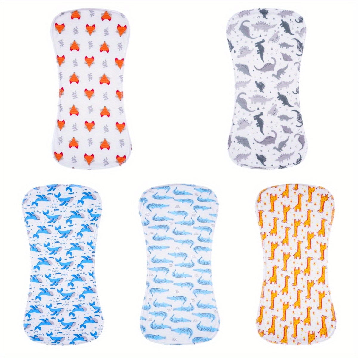 Five-pack of extra absorbent cotton baby burp cloths, designed for maximum softness for baby boys and girls.