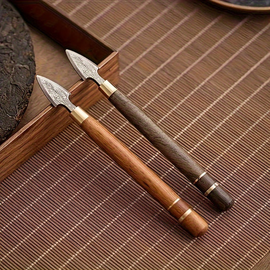 A set of handmade Damascus steel tea knife, stainless steel Pu-erh tea cutter, and tea brick opener, along with a wooden tea tool set for Matcha, perfect for home kitchen accessories.