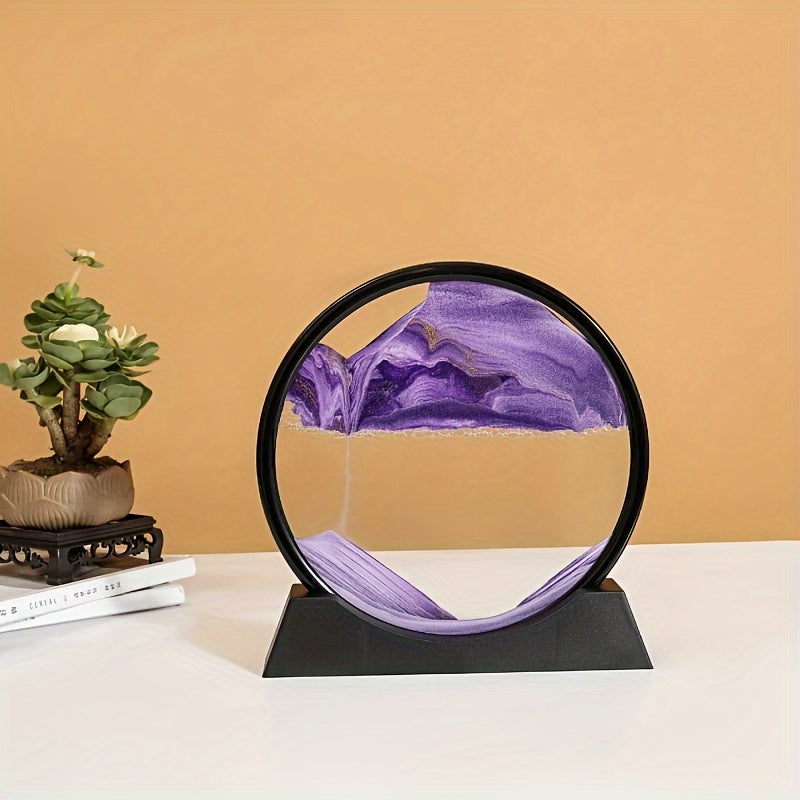 7-inch round glass frame with moving liquid sand picture depicting a 3D deep sea landscapes; no battery required.