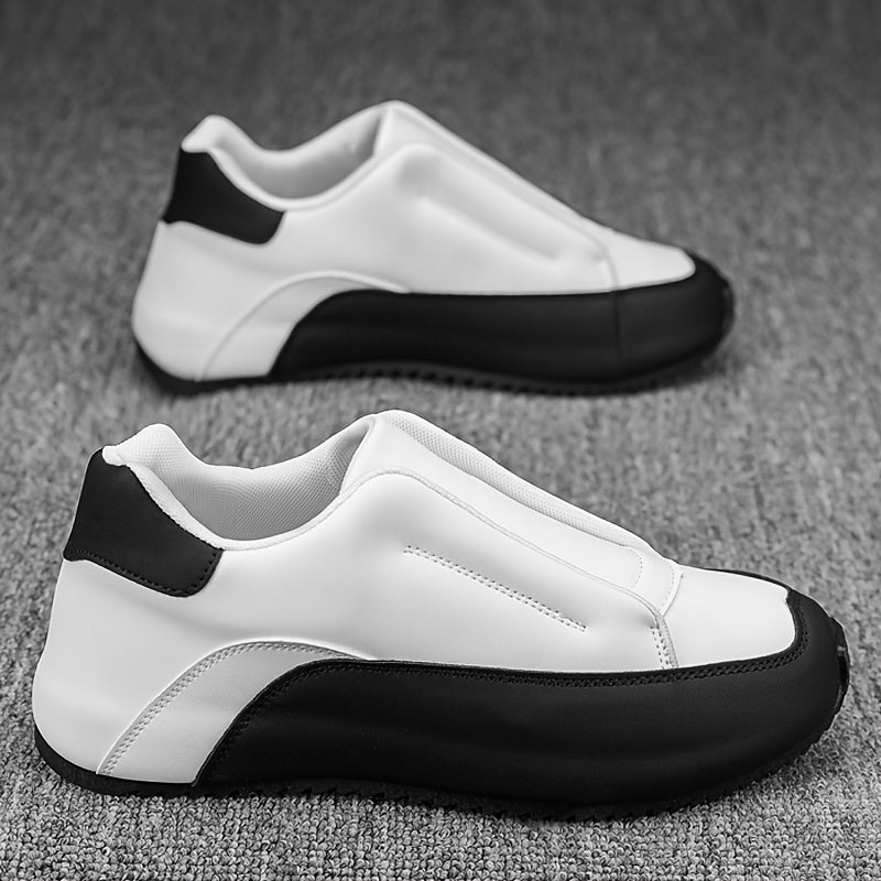 Men's slip-on casual sneakers in black & white with a thick sole, height boosting feature, round toe, and low-top design. Made with PU upper and fabric lining for versatility in all seasons.