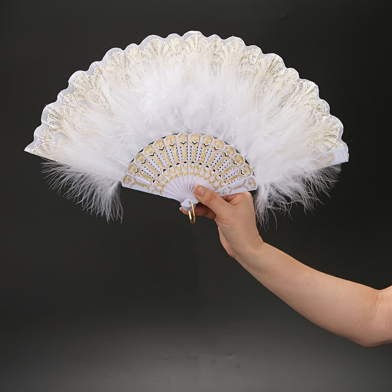 High-end Plush Feather Folding Fan with Extra Thickness, Perfect for Adults' Performance Dance. Ideal for Chinese Cheongsam Runway Shows, Comes in a Variety of Colors.