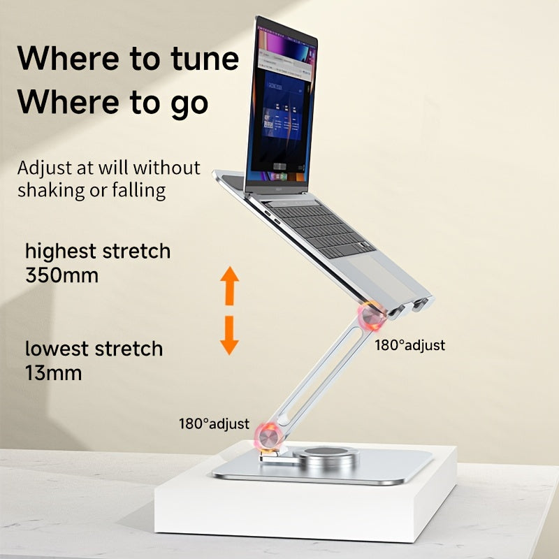 Aluminiy noutbuk stendi, 360° aylanuvchi asos, ergonomik dizayn, ikki marta sozlash tugmalari, mustahkam va sirpanmaydigan. MacBook va 40.64 sm gacha bo'lgan barcha noutbuklar uchun mos, uy ofisi uchun ideal.