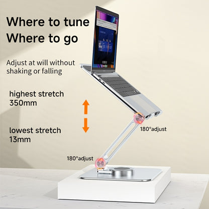 Aluminum laptop stand with 360° rotating base, ergonomic design, dual adjustment knobs, sturdy and non-slip. Fits MacBook and all laptops up to 40.64cm, ideal for home office.