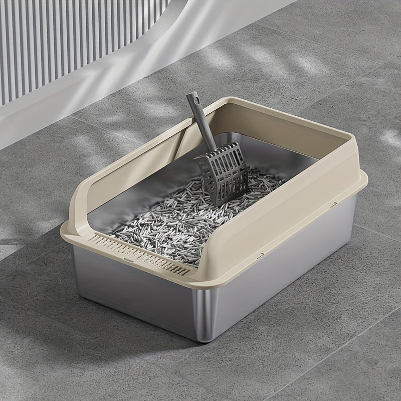 Large stainless steel cat litter box with enclosed top, high-sided, odor-resistant, leak-proof, easy to clean, includes scoop.