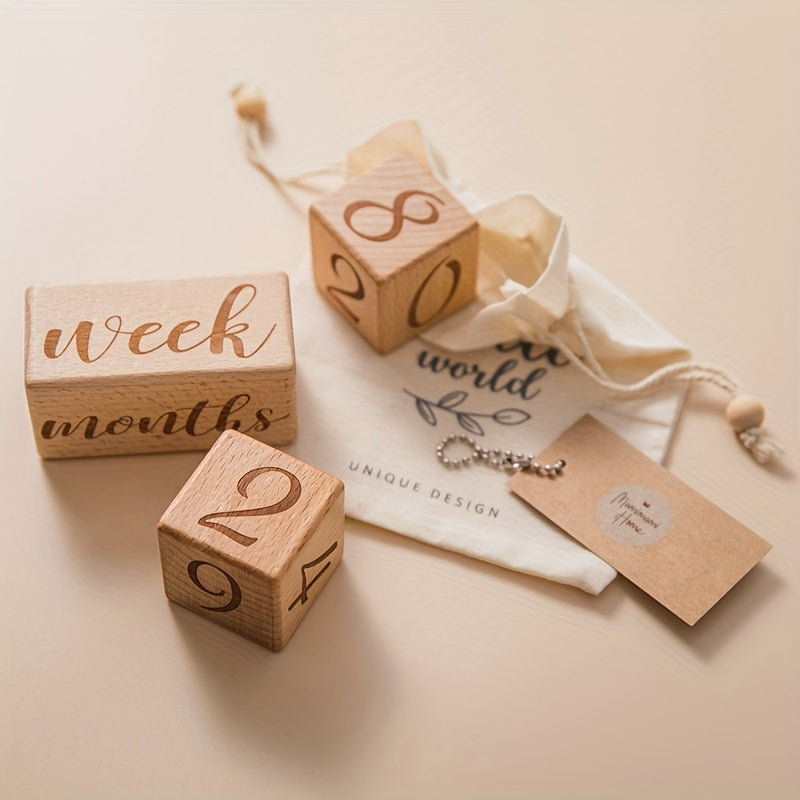 Wooden Milestone Blocks Set - Perfect for Full Moon Photo Props, Celebrating Growth Milestones, Preserving Birth Month Memories. The set includes light brown wood blocks and a cute "Hello World" drawstring bag.