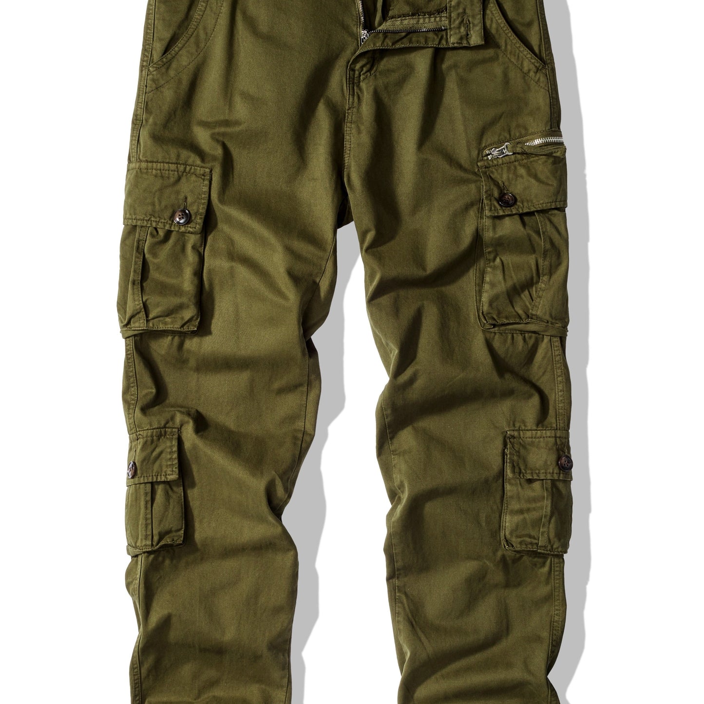 Men's plus size cargo pants in solid color, loose fit, made of washed cotton for all-season wear. Features 8 pockets and a street style design.