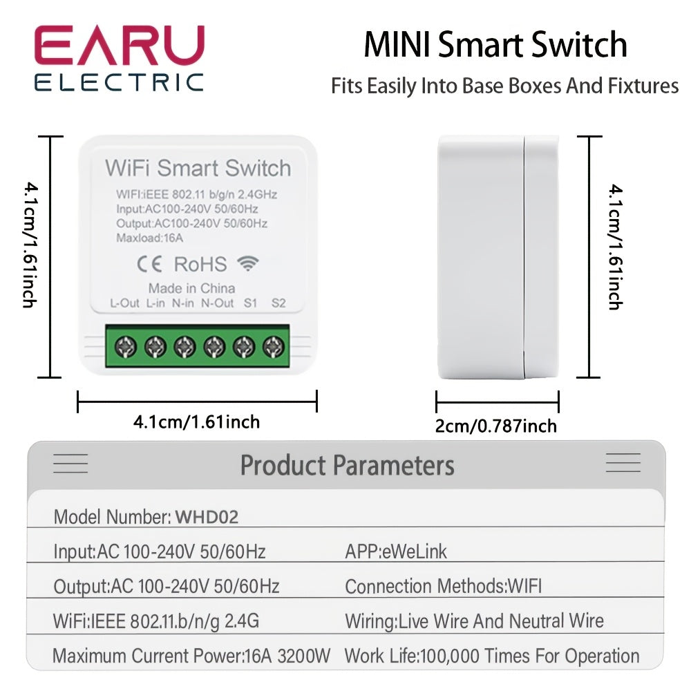 16A Mini WiFi Smart Switch for easy home automation, voice-controlled with Alexa & Google Assistant.