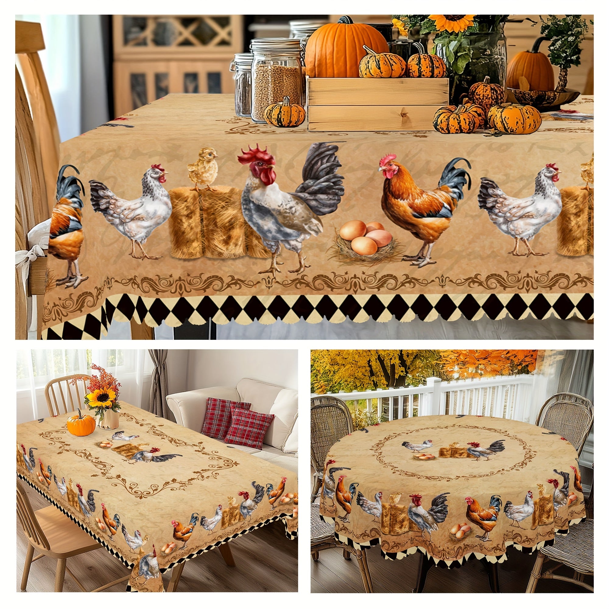 Retro farmhouse tablecloth featuring rooster, chick, and egg prints for daily use in homes, restaurants, terraces, picnics, and courtyards. Suitable for indoor and outdoor settings. Great gift for family and friends.