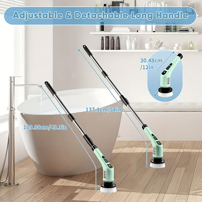 The Cordless Electric Rotating Cleaning Brush includes a battery indicator, seven interchangeable brush heads, dual speed settings, and a detachable telescopic handle, ideal for use in kitchens, living rooms, and bathrooms.