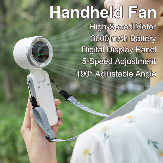 Introducing the BravRain Elegant Handheld Portable Fan featuring a high-speed motor, digital display, and 5-speed wind adjustment. Powered by a rechargeable 3600mAh lithium battery, this USB charged travel fan is perfect for both indoor and outdoor use.