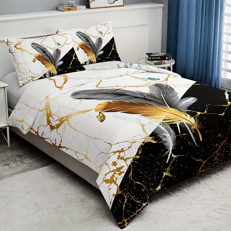 3-piece soft and breathable duvet cover set in black and white marble feather print, including 1 duvet cover and 2 pillowcases (no insert), suitable for all seasons.