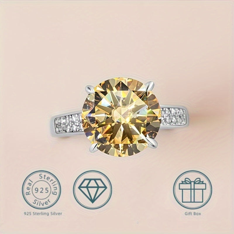 A stunning 5ct Moissanite ring crafted in 925 Sterling Silver, available in multiple colors. This high-quality jewelry piece is perfect for engagement and wedding scenes. Comes with a certificate of authenticity and gift box.