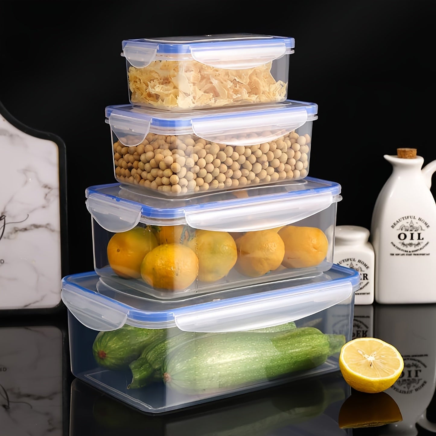 Transparent plastic food storage box with moisture-proof and airtight seal, ideal for storing grains and other foods in the kitchen refrigerator. This large container is microwave safe and thickened for durability, making it a must-have accessory for