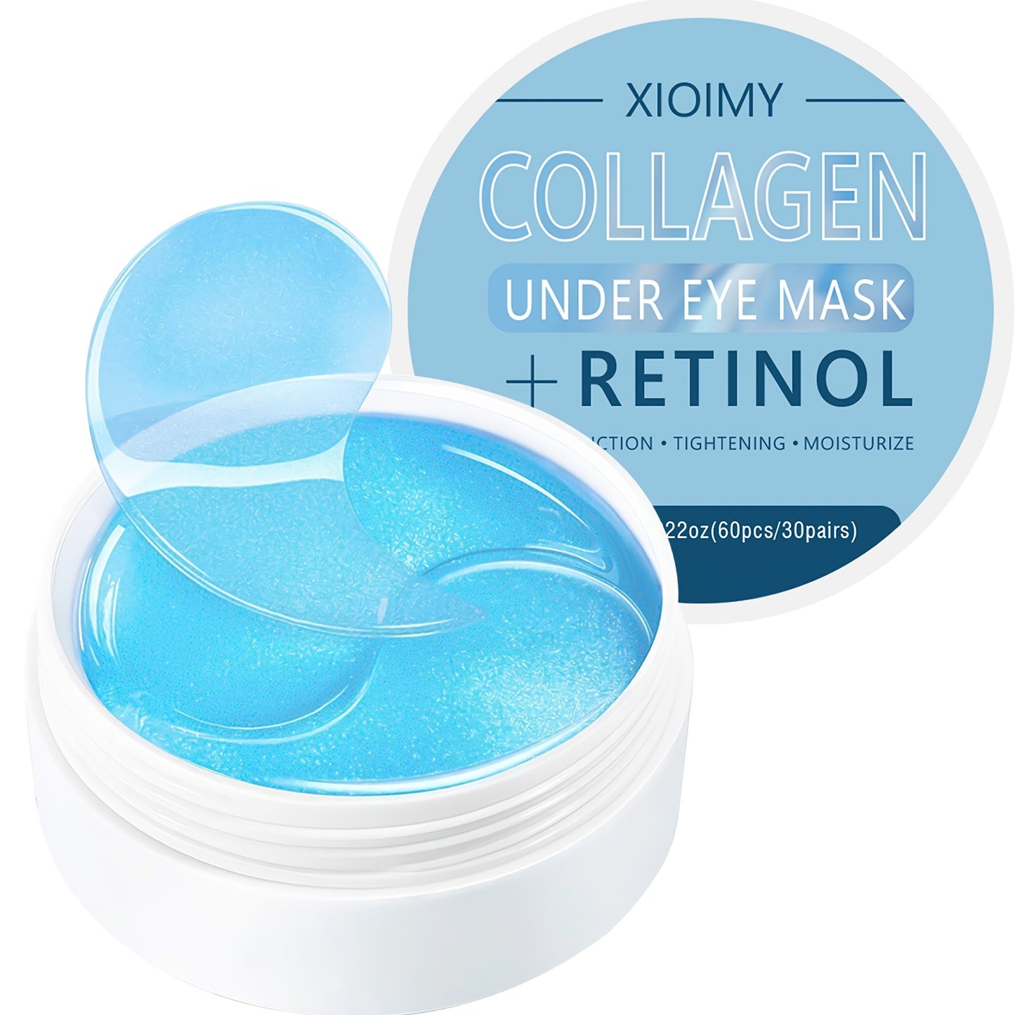 XIOIMY 60pcs Collagen & Retinol Eye Masks for deep hydration, firming, and all skin types, hypoallergenic formula.