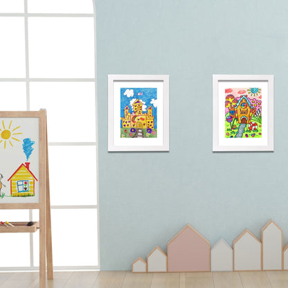 Kid's magnetic wooden picture frame for drawings and schoolwork with a lightweight design and vertical orientation, perfect for ages 3-12. Great for gifting at school or graduation.