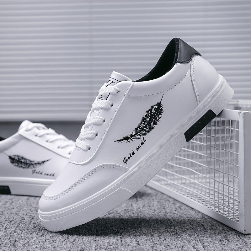 Men's sleek white sneakers with feather design for casual wear, walking, jogging, and travel. Non-slip lace-up low tops with PU upper and PVC sole. Sporty and versatile for outdoor