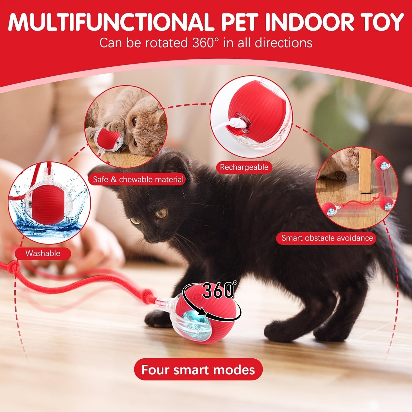 360° Smart Rolling Pet Ball Toy for Cats and Dogs - Interactive Indoor Play, USB Rechargeable, Red Silicone Ball with Rope Handle, Cloud Pattern Design, Fast Carpet Rolling, All Breed Sizes