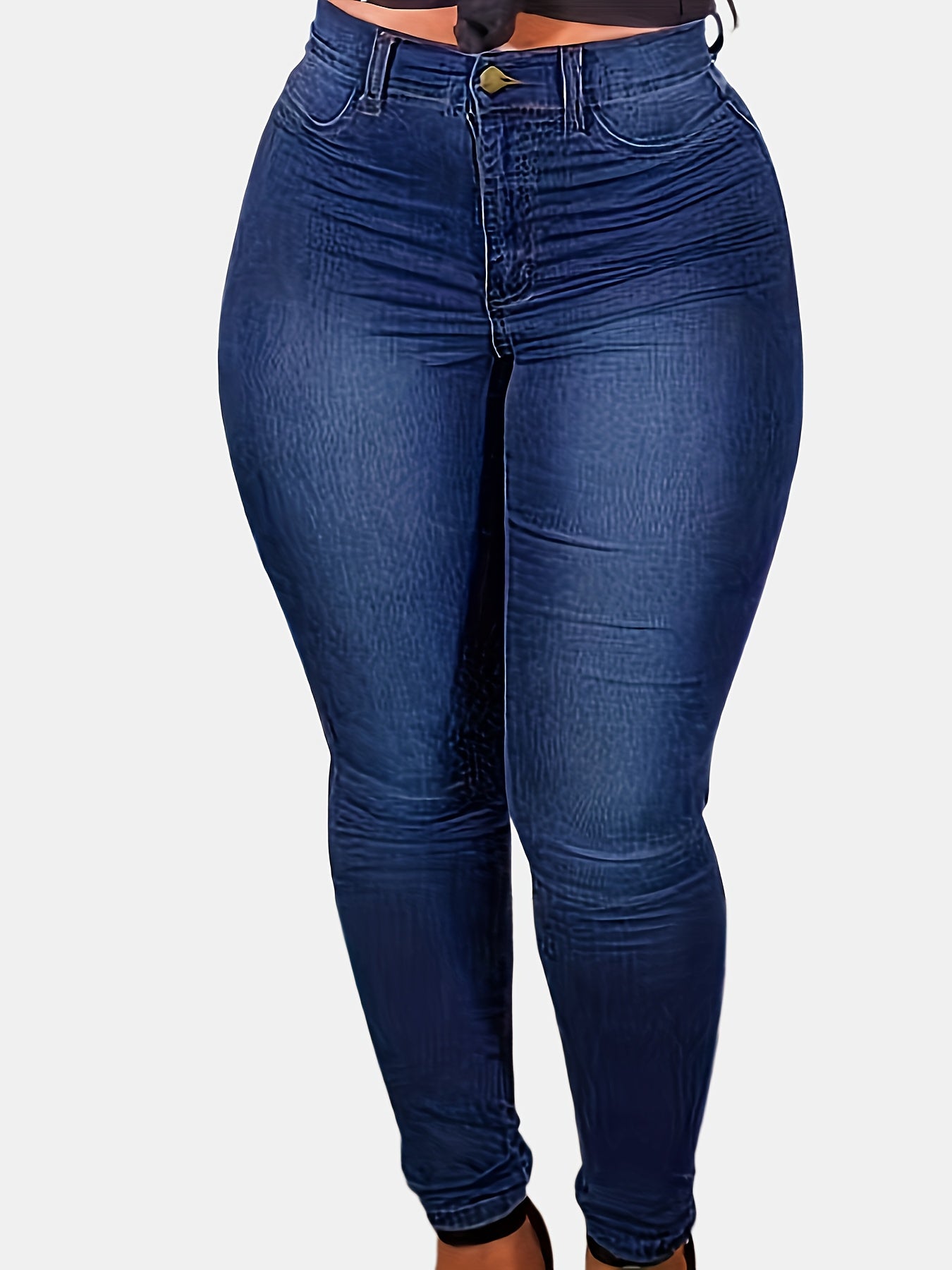 Cute Plus Size Denim Jeans, High-Waist, Solid Blue, Comfortable Fit, Casual Wear, Button Closure, Slant Pockets|Sleek & Smooth Texture.