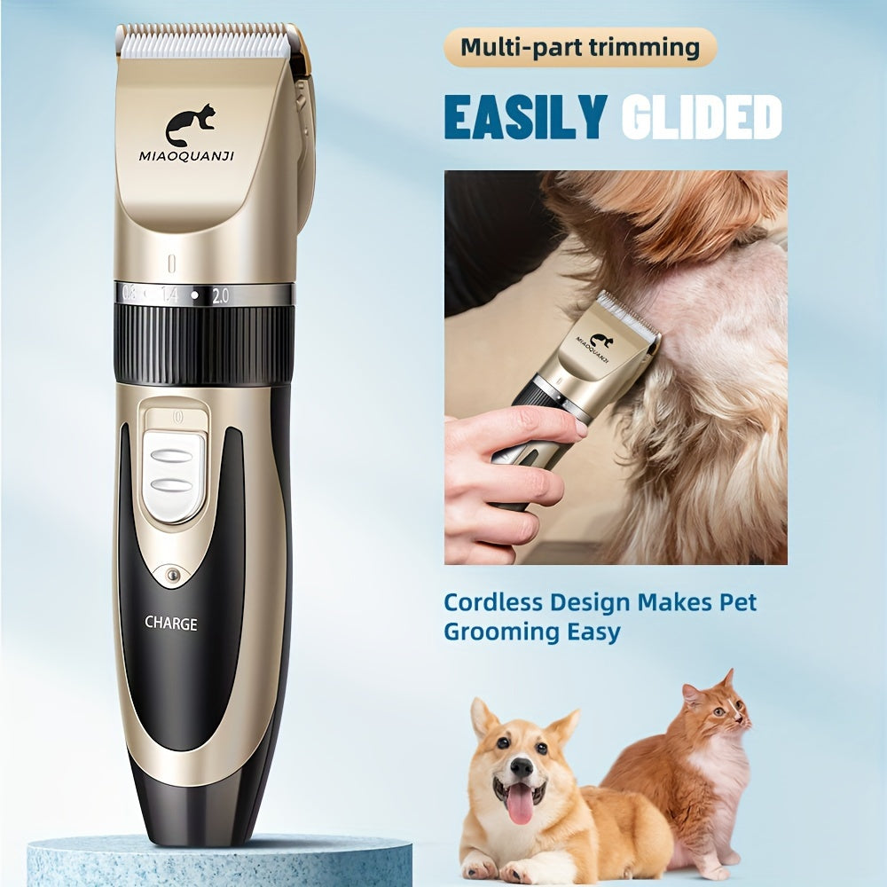 Silent, rechargeable grooming kit for dogs and cats. Includes low-noise clippers, 5 attachments, LCD display, and cleaning brush. Ideal for small to large pets.