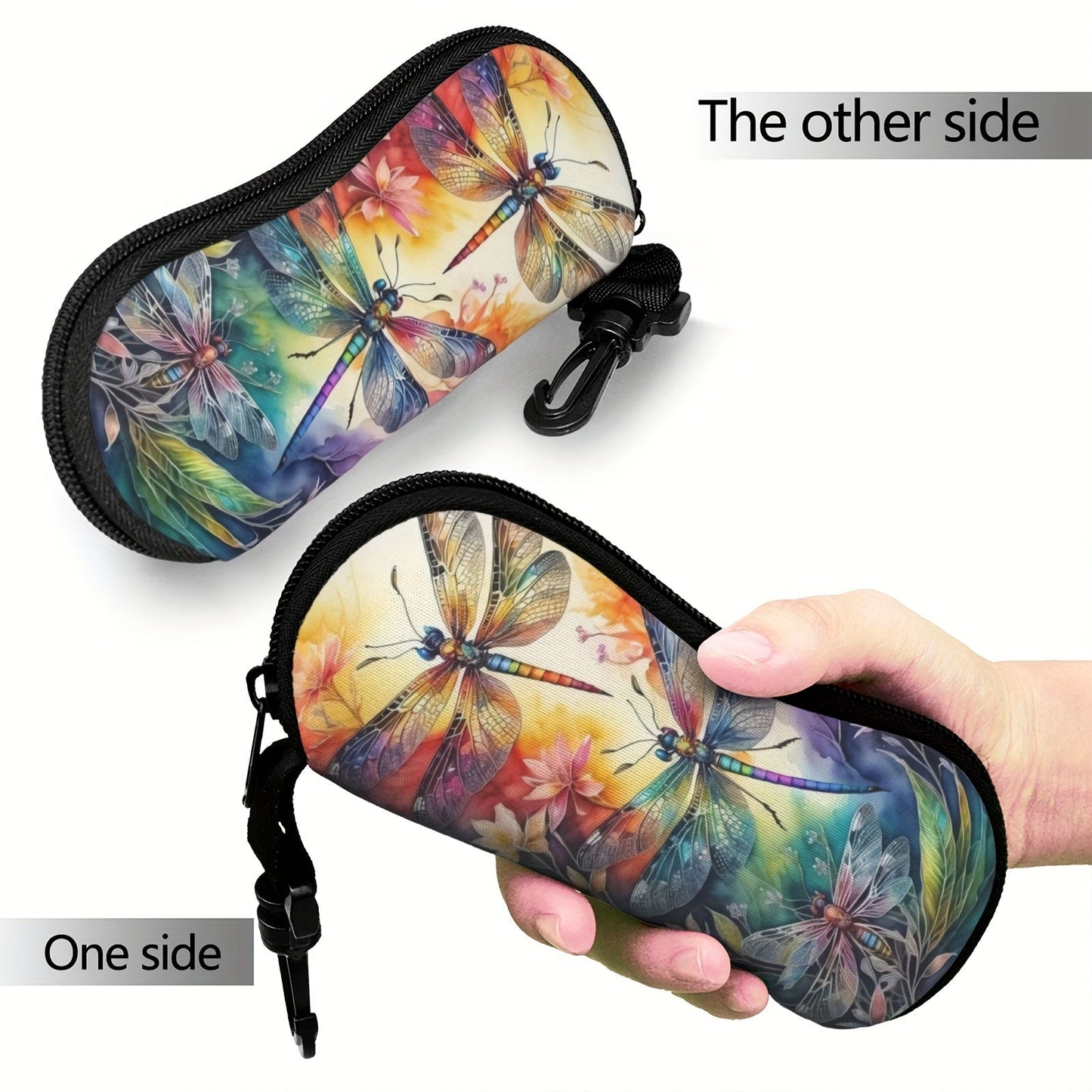 Protect your glasses in style with the Dragonfly Art Neoprene Glasses Case. This durable and soft rubber pouch features a zipper for easy access and a clip for portable convenience. Perfect for both men and women, this protective holder will keep your