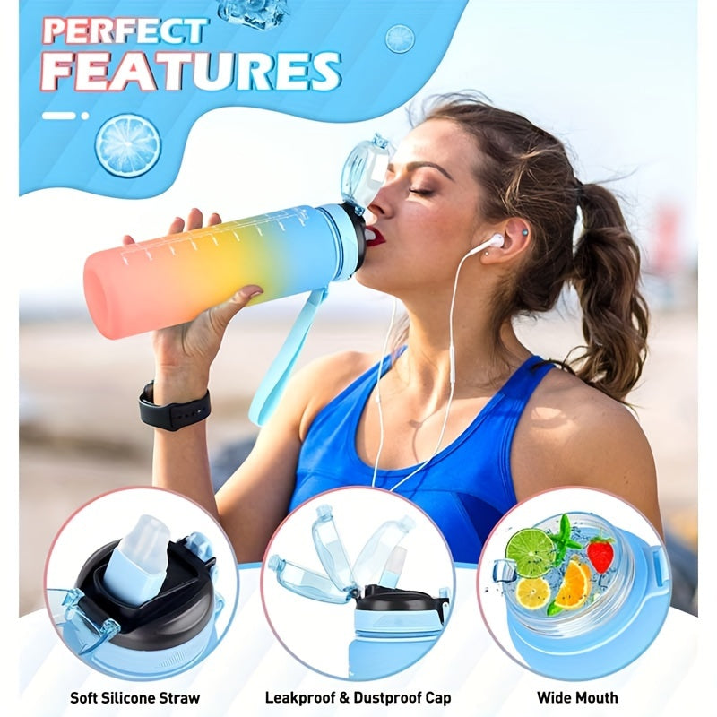 Durable 1L sports water bottle with straw, BPA-free, time marker for various activities.