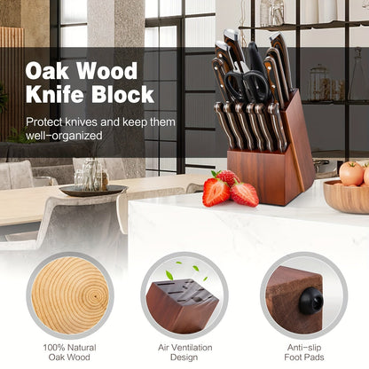 The perfect gift for any occasion - Acacia Wood Knife Block with 14 slots to hold all your essential knives including 6 steak knives, chef knife, bread knife, santoku knife, utility knife, and even space for knife sharpening and scissors. This countertop