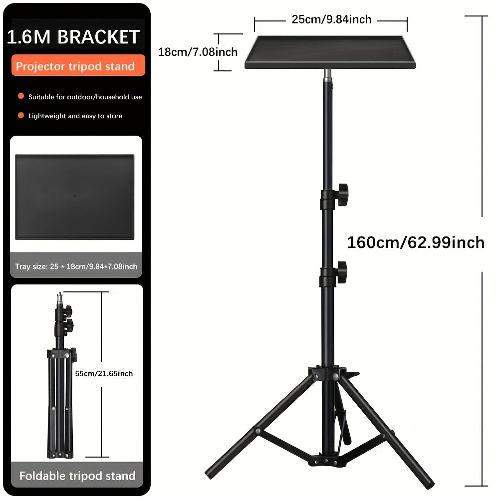 Adjustable 1.6M Projector Stand with Tray - Iron Bracket, Three-Legged Design, Foldable, Sturdy for Laptops and Projectors