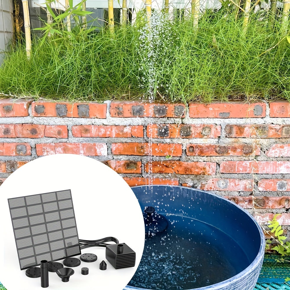 Solar fountain pump with 1.4W power for outdoor use, made of plastic material. Charges with solar power, no battery needed. Sleek grid design ideal for bird baths, pools, gardens, and other