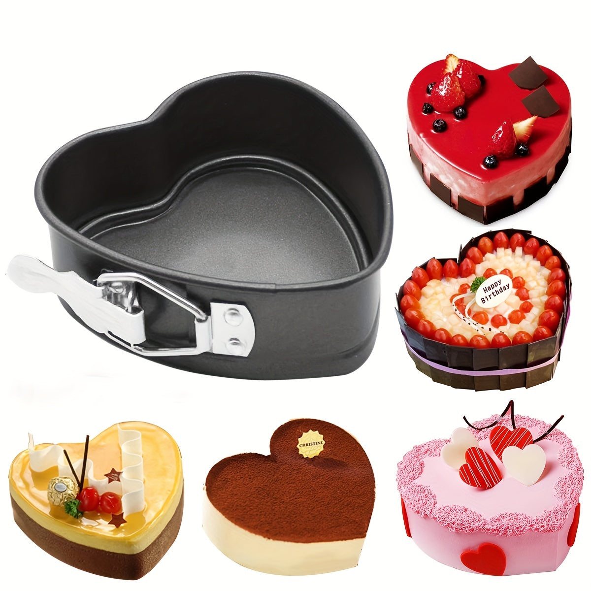 Heart-shaped detachable bottom baking pan, measuring 10.49cm, perfect for making cheesecakes, fried eggs, pudding molds, cake tiers, wedding cakes, and more. This nonstick springform pan features a removable bottom for easy release and is leakproof. It