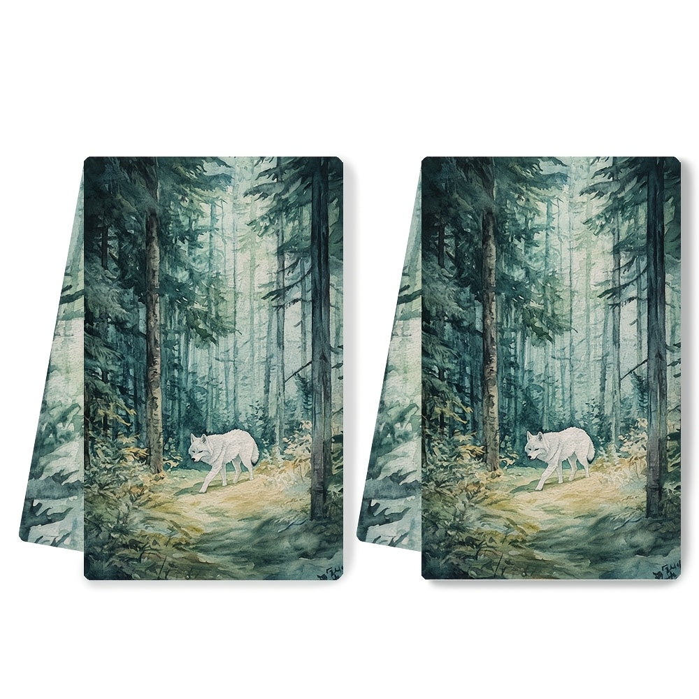 Set of 2, Kitchen Towels with Ultra-Soft Wolf Pattern, Highly Absorbent Dish Hand Towels for Holiday Decor, Machine Washable, Measures 16x24 Inches - Item Number 2KYSYS1218678