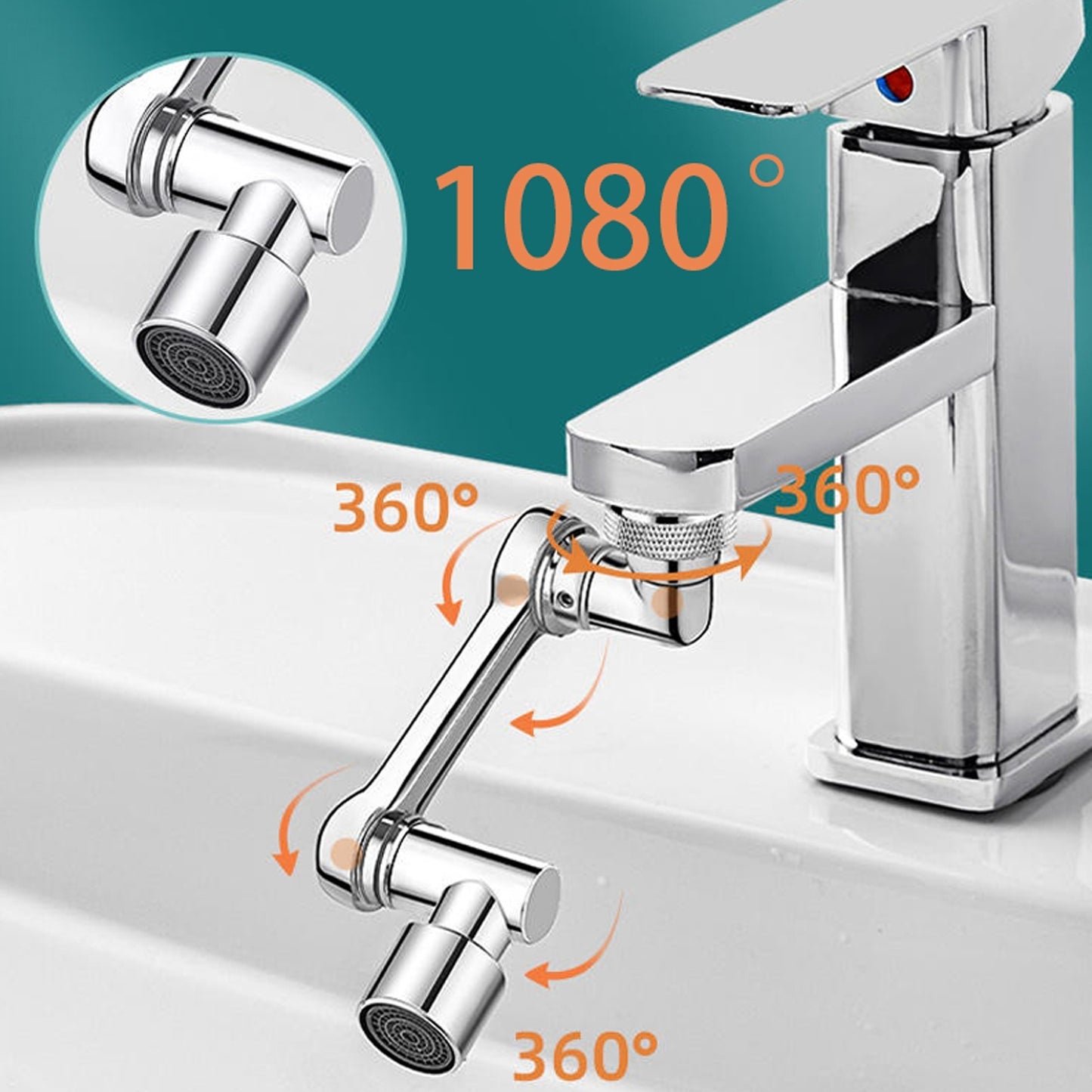 Rotatable faucet spout adapter with 360-degree swivel and 1080-degree tilt, made of durable plastic. No electricity required, ideal for bathroom sinks.