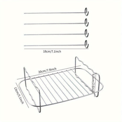 Durable Stainless Steel Air Fryer Rack with Four Skewers - Multi-purpose BBQ Grill Accessory for Indoor and Outdoor Use, Ideal for Cooking in the Kitchen or Dining Area, Essential Barbecue Tools and Accessories