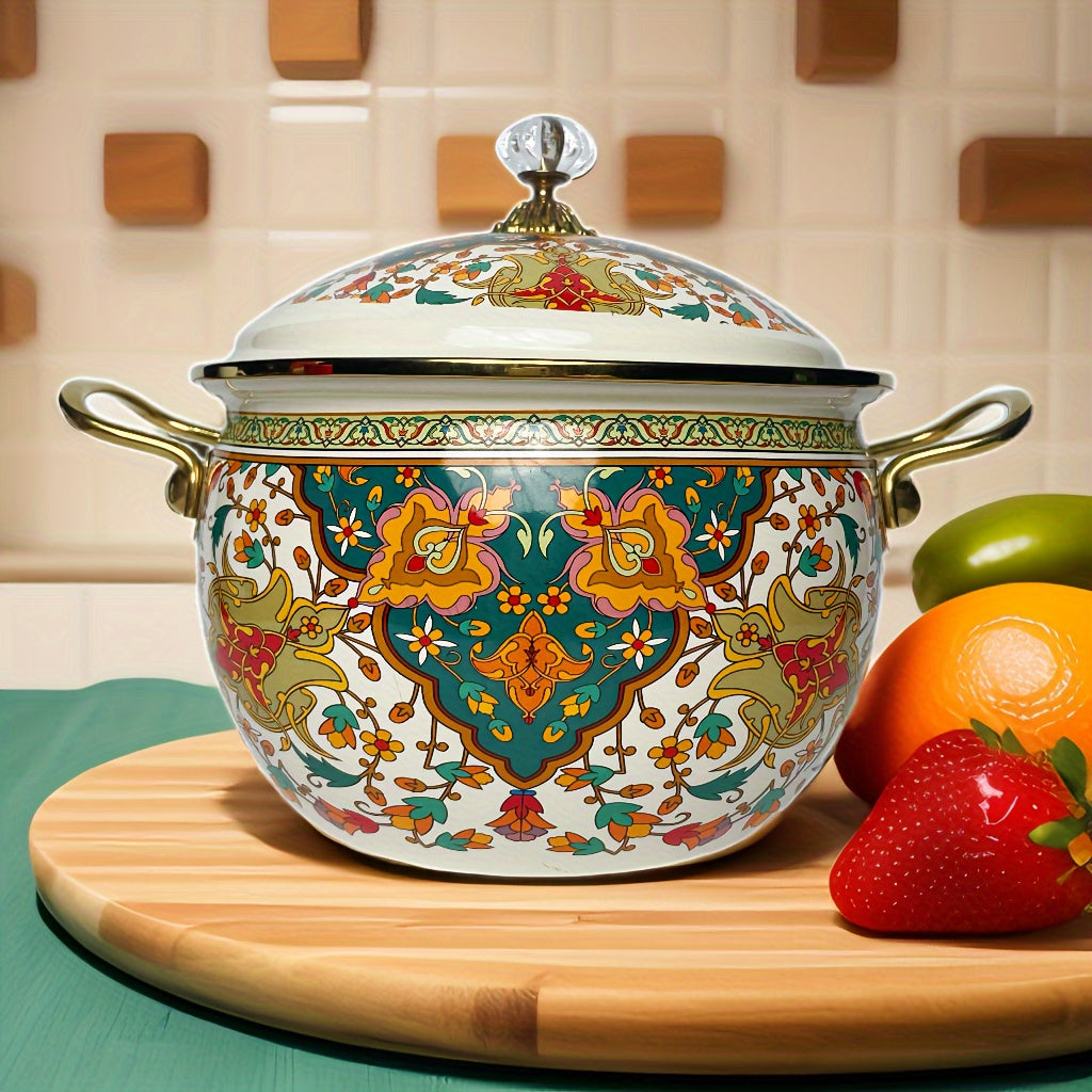 Large capacity enamel coated stockpot with lid, featuring a thick construction and vintage style. This double-handled stew and soup pot is perfect for versatile cooking and is suitable for gas and induction cooktops.