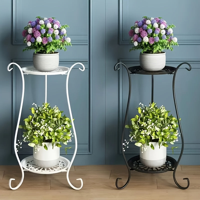 Elegant double-tier metal stand with hanging decorative container for home and garden decor. Durable and lightweight, suitable for indoor and outdoor use.