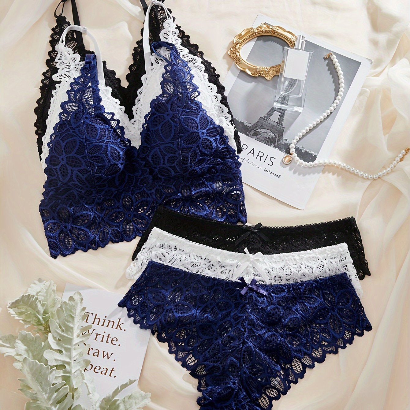 3-piece romantic floral lace lingerie set for women