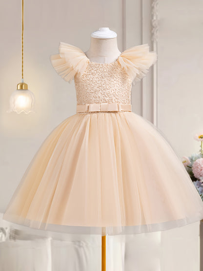 Elegant sleeveless tulle tutu party dress for girls, perfect for weddings and birthdays, made of 65% polyester and 35% viscose with a bow detail.