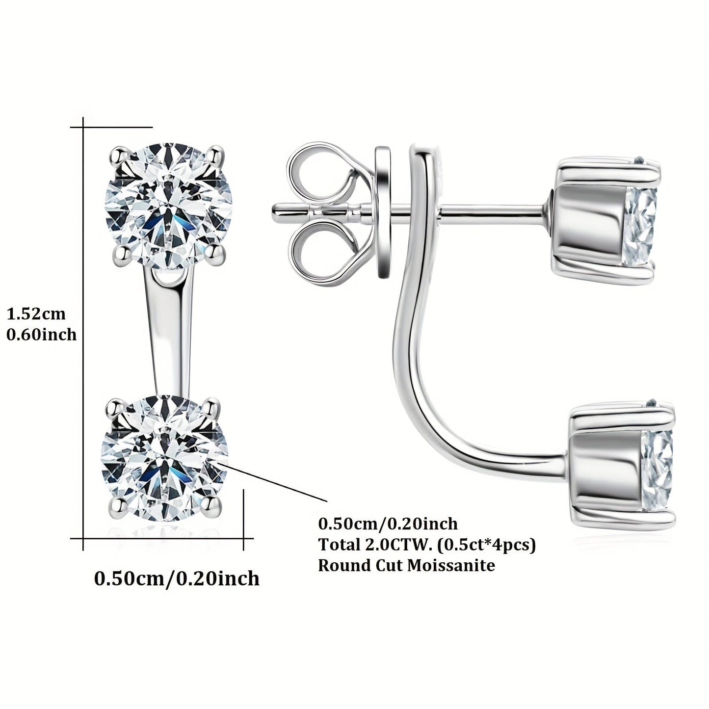 Sterling Silver Moissanite Drop Earrings with Golden Plating, featuring Simple Style and Convertible Studs. Includes 4 pieces of 5mm Round Synthetic Moissanite totaling 2.0ct, accompanied by a GRA Certificate. Perfect for Women's Wedding and Vacation