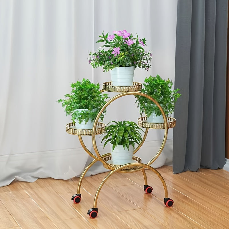 European-style metal hanging plant stand with wheels, multi-level mobile planter rack, circular design for indoors and outdoors.