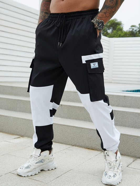 Asymmetric color block cargo pants for plus size men, perfect for athletic street style.