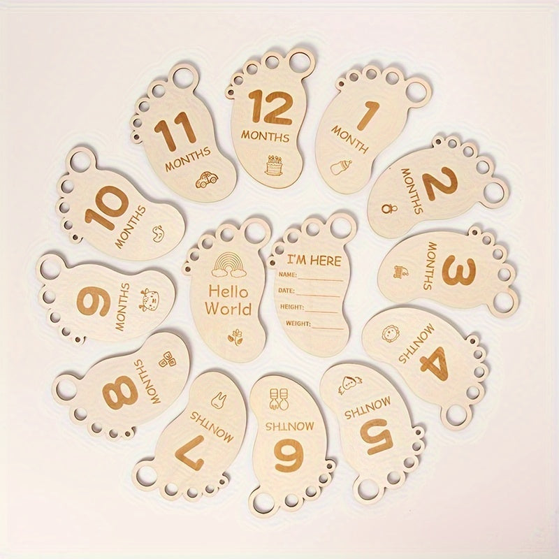 Set of 14 Wooden Footprint Milestone Cards for Monthly Photography Props, Full Moon Sign, Birth Board, and First Year Growth. Also includes Pregnancy Journey Milestone Cards, perfect for Youngsters's Gift Parties and holiday celebrations such as