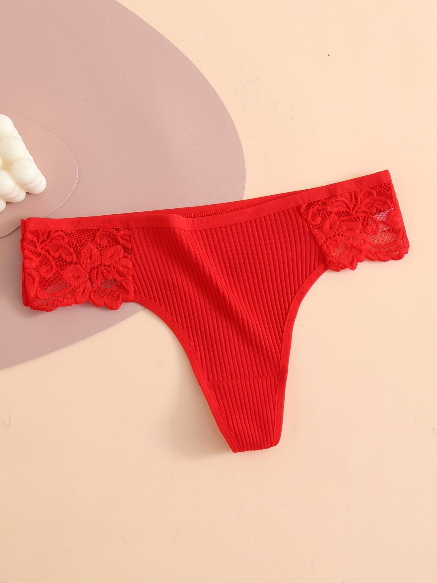 3 contrast lace thongs, soft and comfy ribbed panties, women's lingerie and underwear.