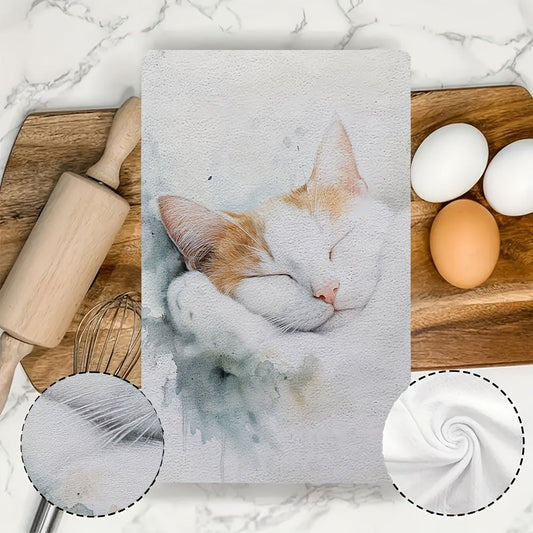 Two pieces of incredibly soft kitchen towels featuring a "Gentle Purr That Lulls You to Sleep" cat design. These towels are highly absorbent, machine washable, and have a contemporary watercolor style. Perfect for home decor and use in the kitchen. Each