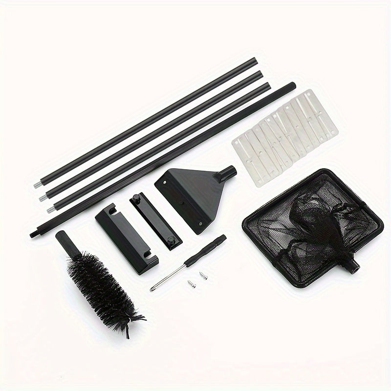 Algae scraper set for glass aquariums includes brush and net, made of durable stainless steel/aluminum alloy in various sizes.