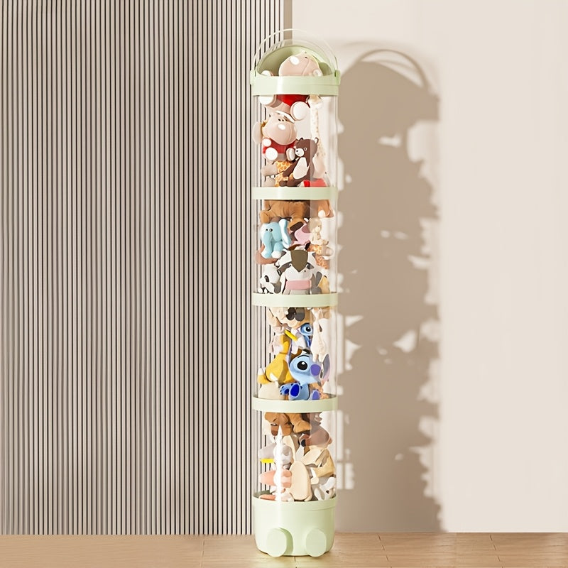 Contemporary stackable storage bin for stuffed animals with waterproof lid. Clear plastic tube organizer for home decor, space-saving, no electricity required. Romance theme display shelf.