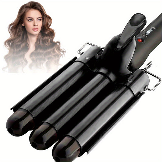 Black Portable Hair Curler with Digital Display, Dual Voltage 220V, 75W, Type-C Plug, 25mm barrel, perfect for home and travel, creates different hairstyles automatically.