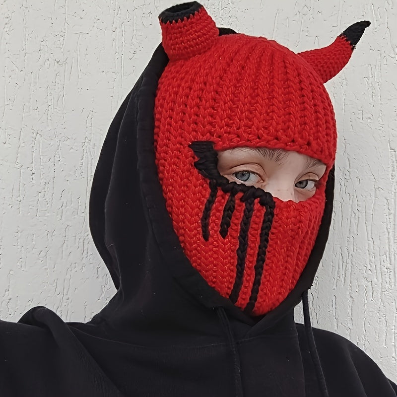 Stylish Striped Knit Balaclava with Blood Stains & Horns - Stretchy, Cozy Headwear for Halloween & Costume Parties, Perfect for Fall and Winter Seasons.