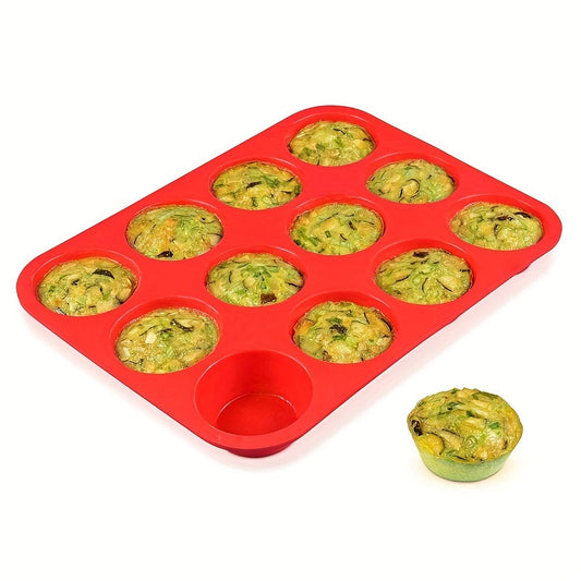 1 piece of Silicone Muffin Pan measuring 29.49cm X 22.0cm, featuring 12 cavities for baking cupcakes, pudding, and more. This non-stick pan is a versatile addition to your kitchen, perfect for baking and cooking needs. Complete your kitchen gadget