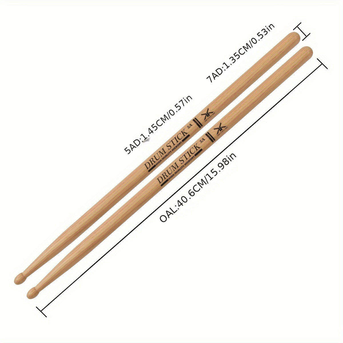 5A Hickory Drumsticks, Uncharged Pair - Economic Quality, Balanced Weight, Durable, Ideal for Practice & Jazz Performances